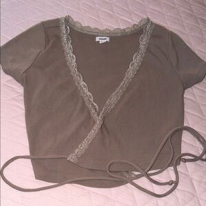 Garage Taupe Lace Trim Top
